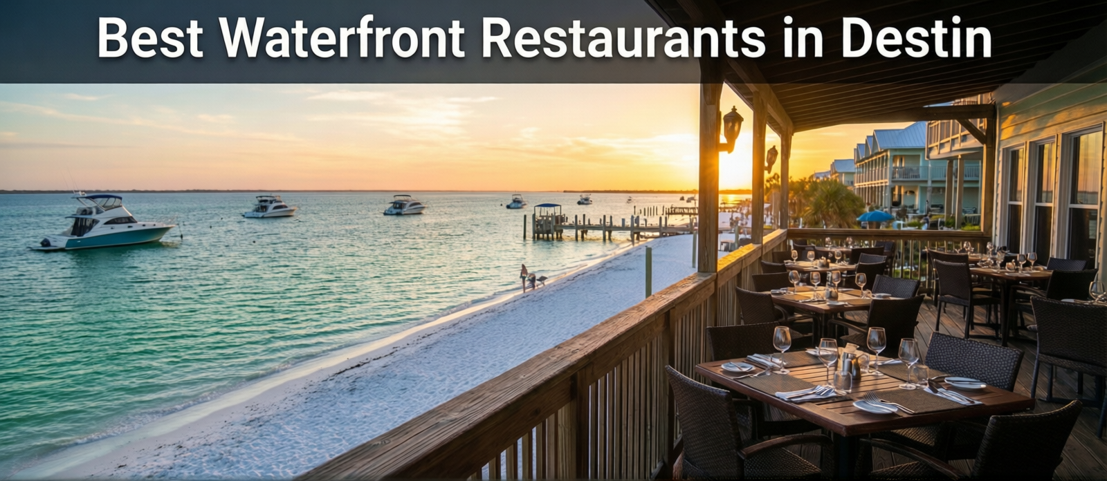 Bayfront outdoor dining at Baytowne Wharf Sandestin Resort in Destin Florida at sunset with boats on Choctawhatchee Bay