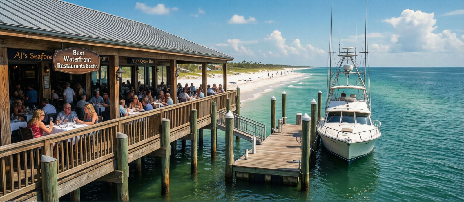 Outdoor waterfront dining patio at AJ's Seafood and Oyster Bar on Destin Harbor with charter fishing boats at the dock