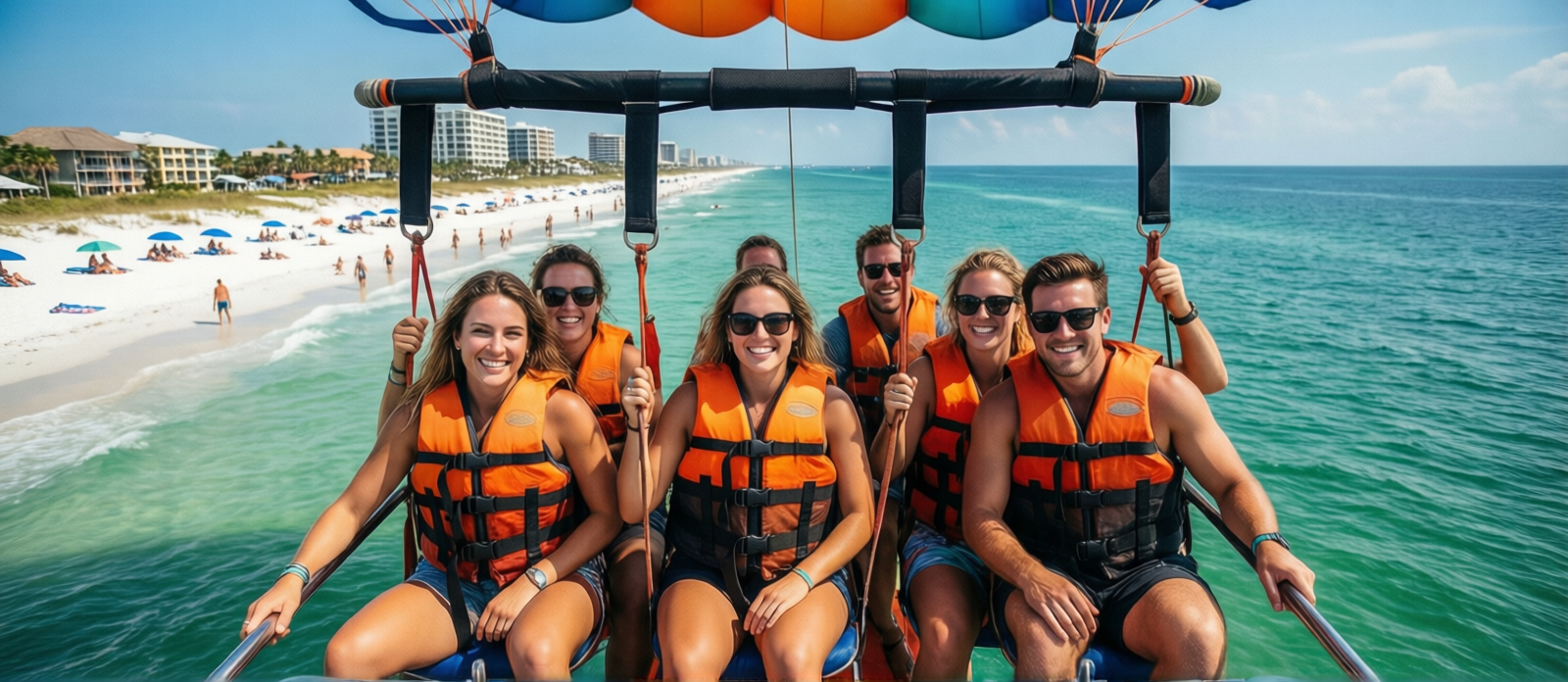 Group of friends in bright orange life vests aboard a parasailing boat at Destin Harbor ready to launch on a sunny summer day