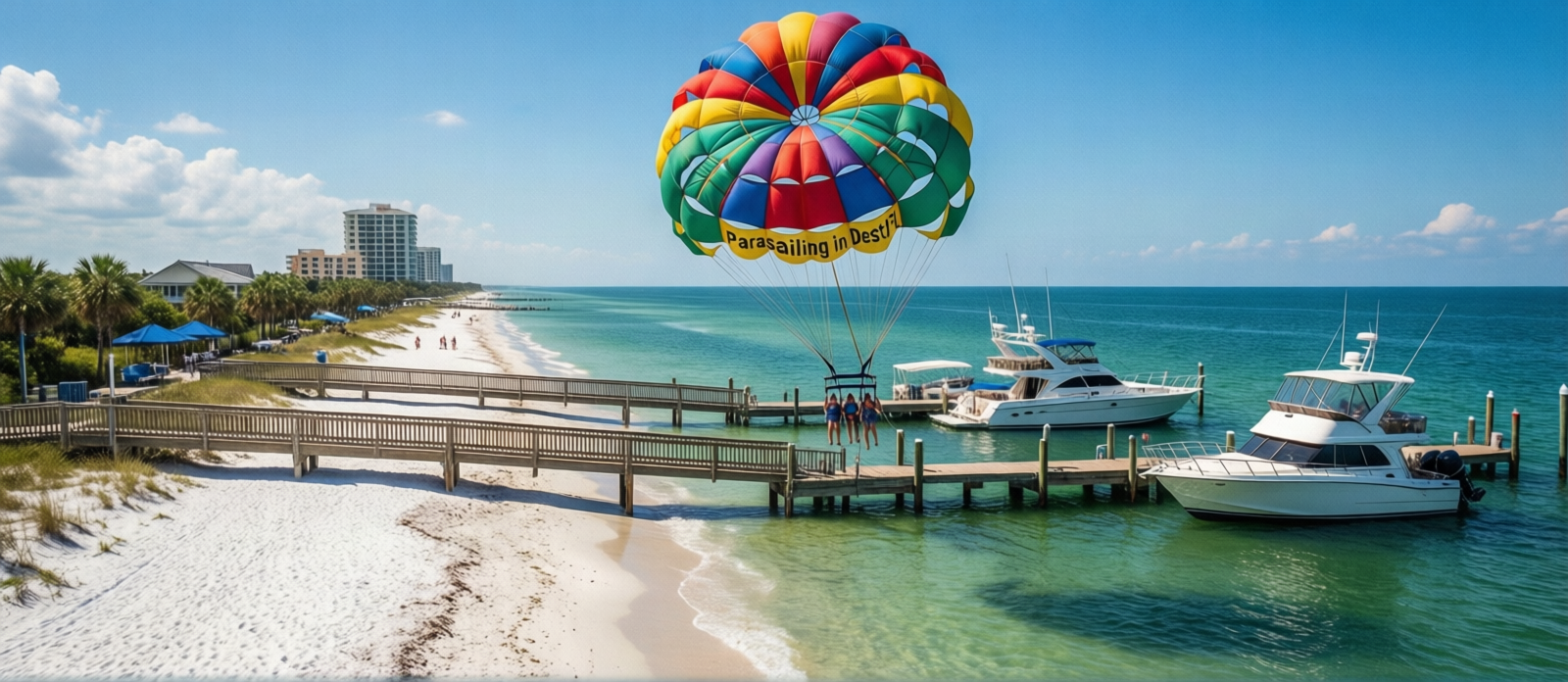 Colorful parasailing parachutes and boats docked along the Destin Harbor boardwalk on a sunny summer morning