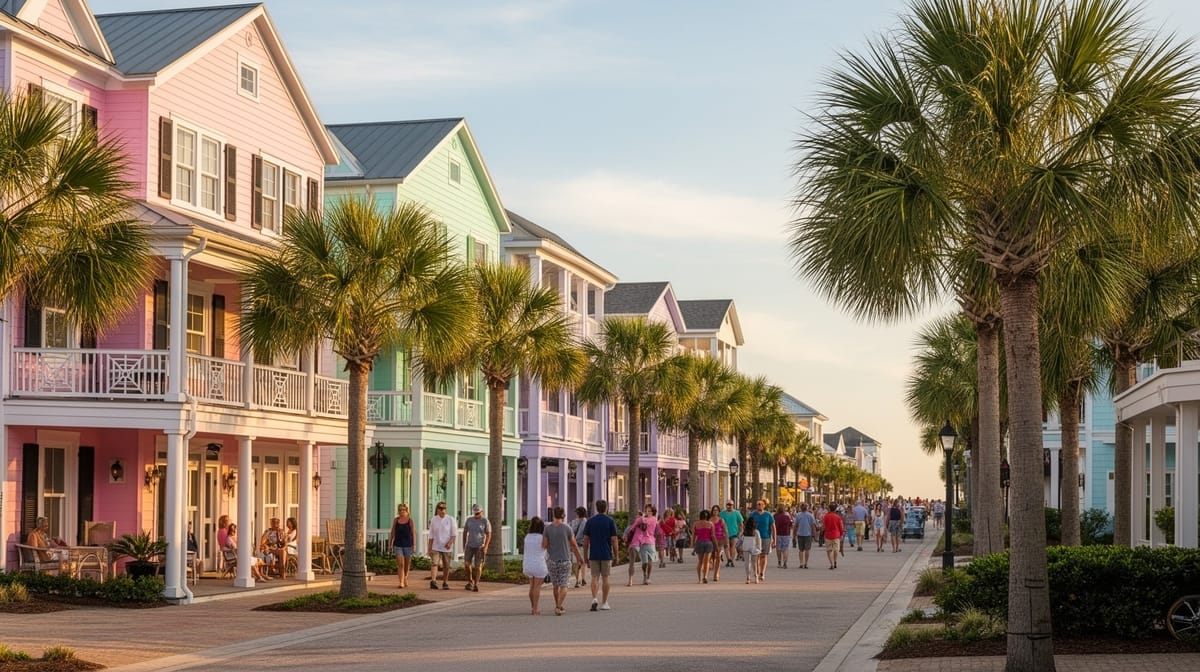 A charming pastel-painted New Urbanist beach town on 30A Florida with front porches, palm trees, and pedestrians walking on a sunny summer day