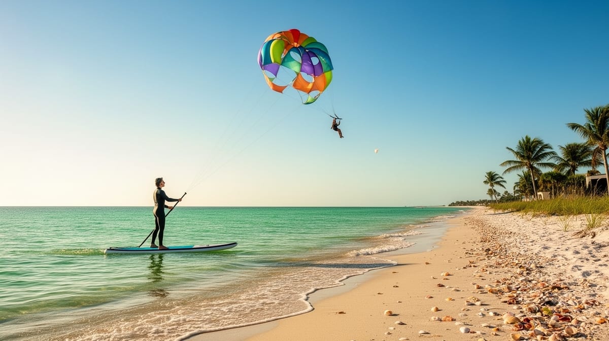 A person on a stand-up paddleboard in clear emerald Gulf water and another person visible parasailing over the Gulf behind them on a sunny summer day