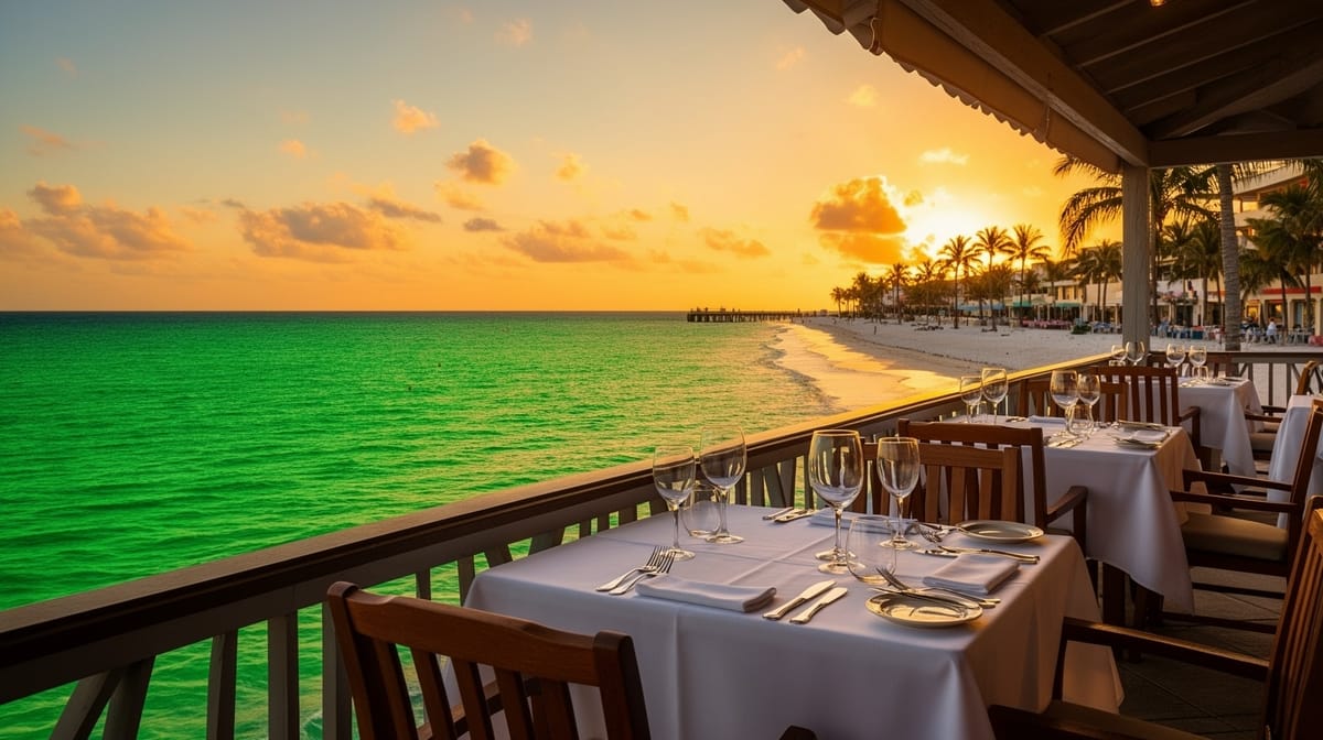 An outdoor waterfront restaurant terrace overlooking the emerald Gulf of Mexico at sunset, with white tablecloths, wine glasses, and warm golden sky