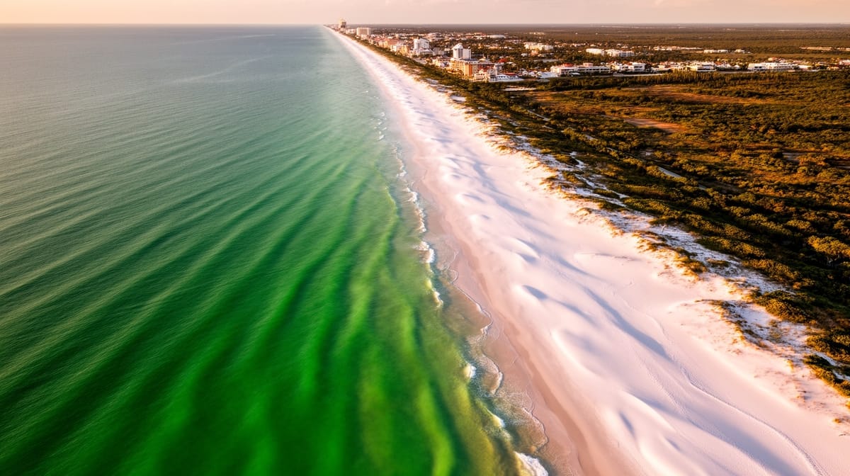 Aerial view of the Florida Panhandle Gulf Coast showing the emerald-green Gulf of Mexico and white sand beaches from Destin toward the 30A beach towns