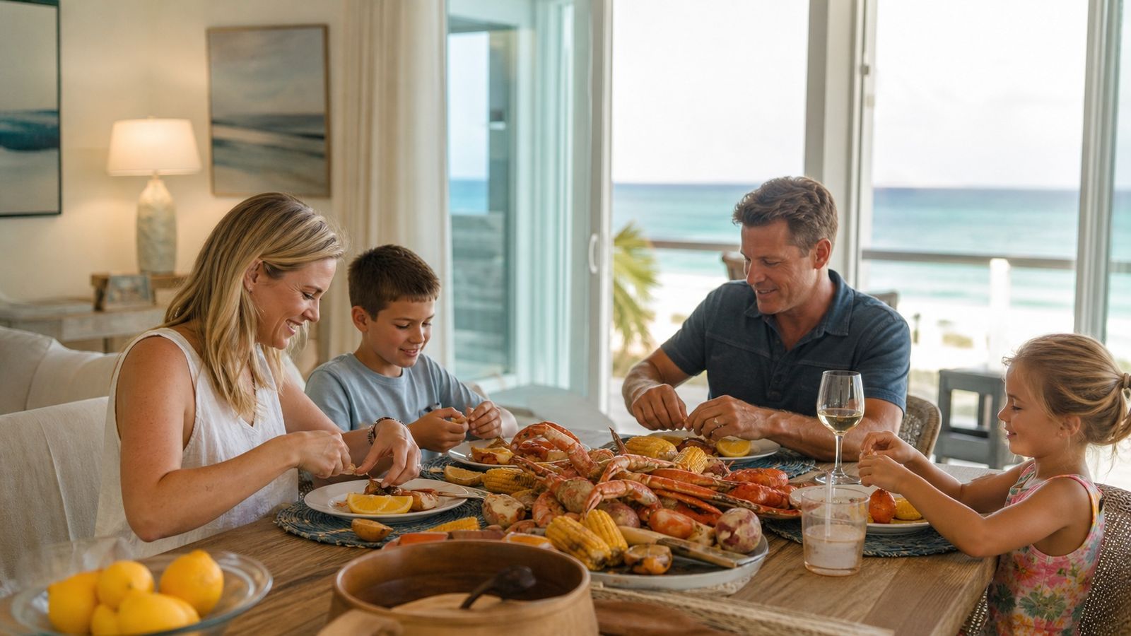 Family enjoying a homemade seafood boil dinner inside a Destin Florida vacation rental