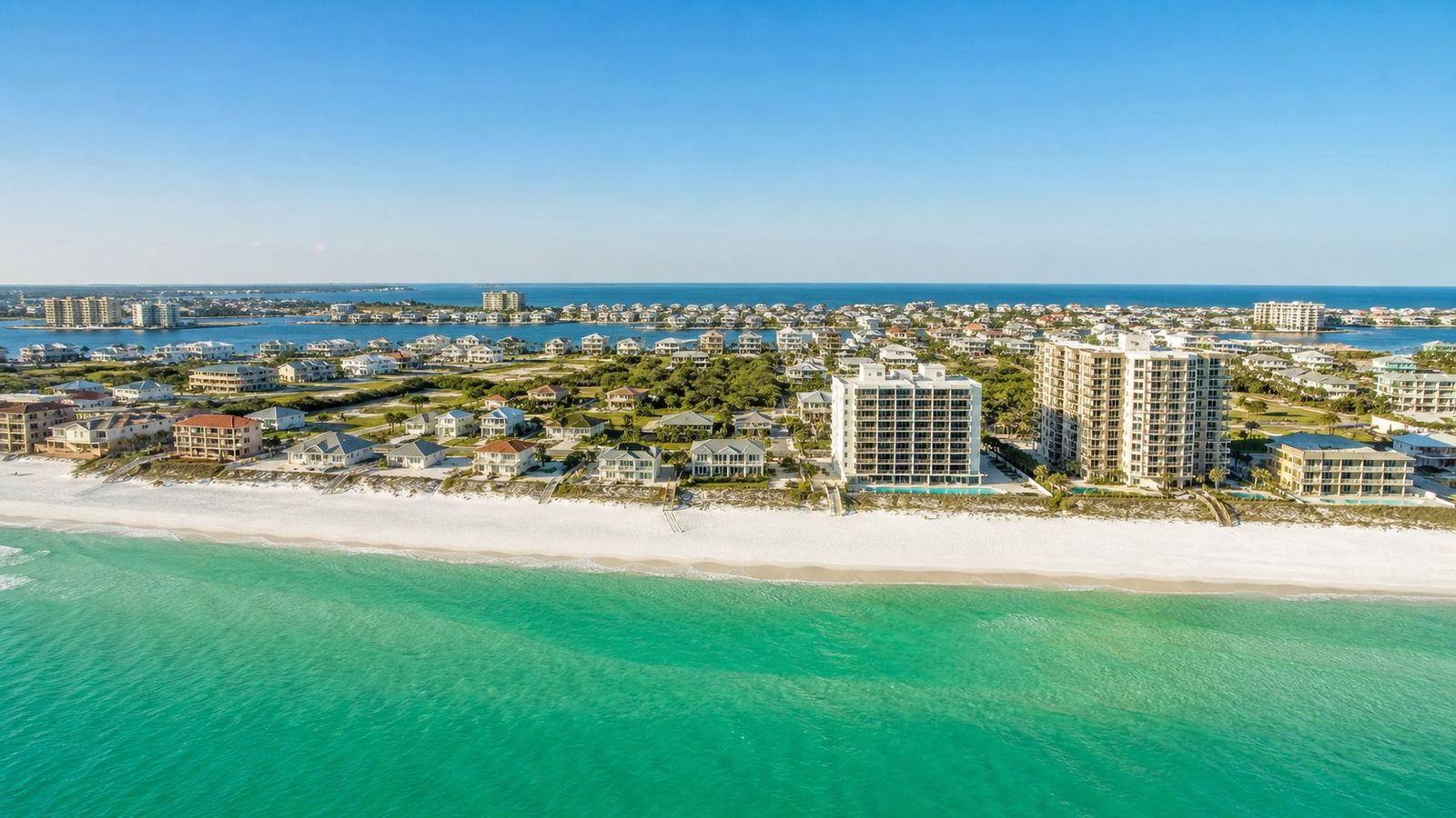 Aerial view of Destin Florida coastline showing vacation rentals and condos along the Gulf
