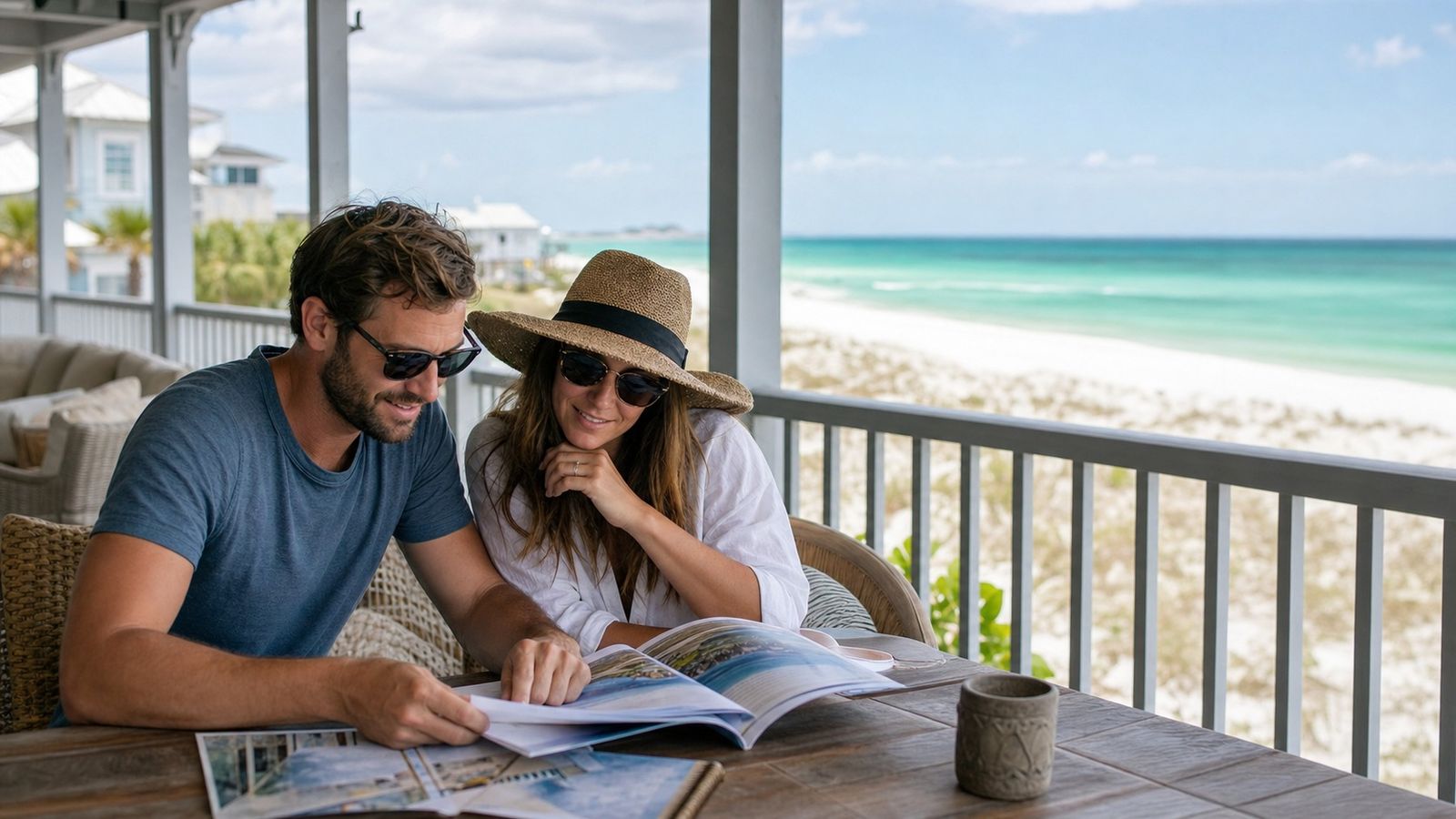 Couple planning their Destin Florida vacation itinerary on a beach house porch