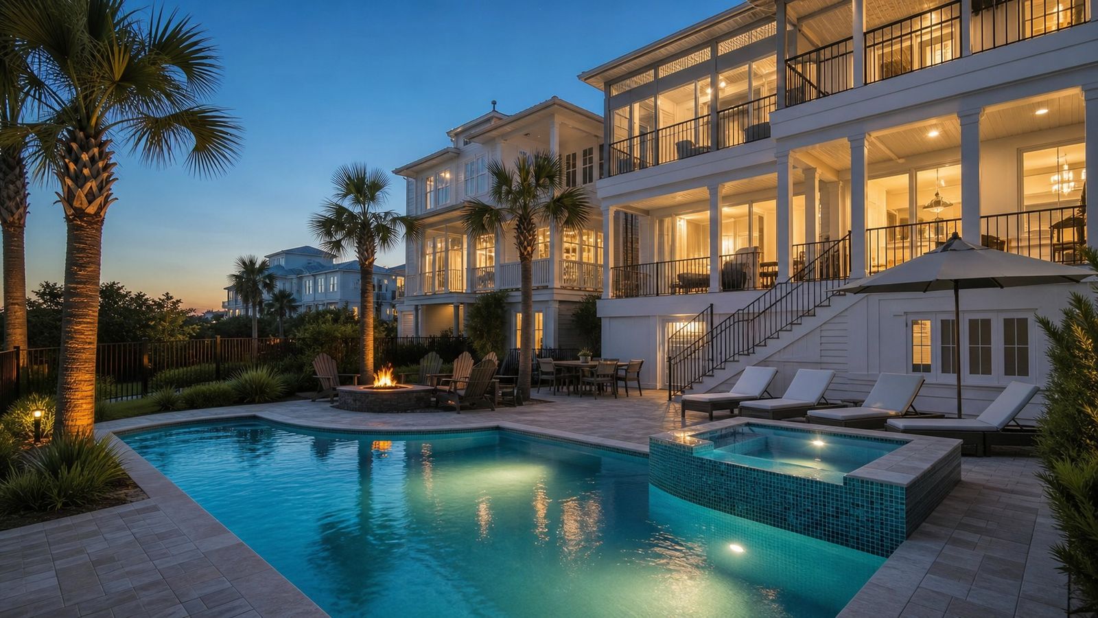 Private pool at a Miramar Beach Florida vacation rental home glowing at dusk