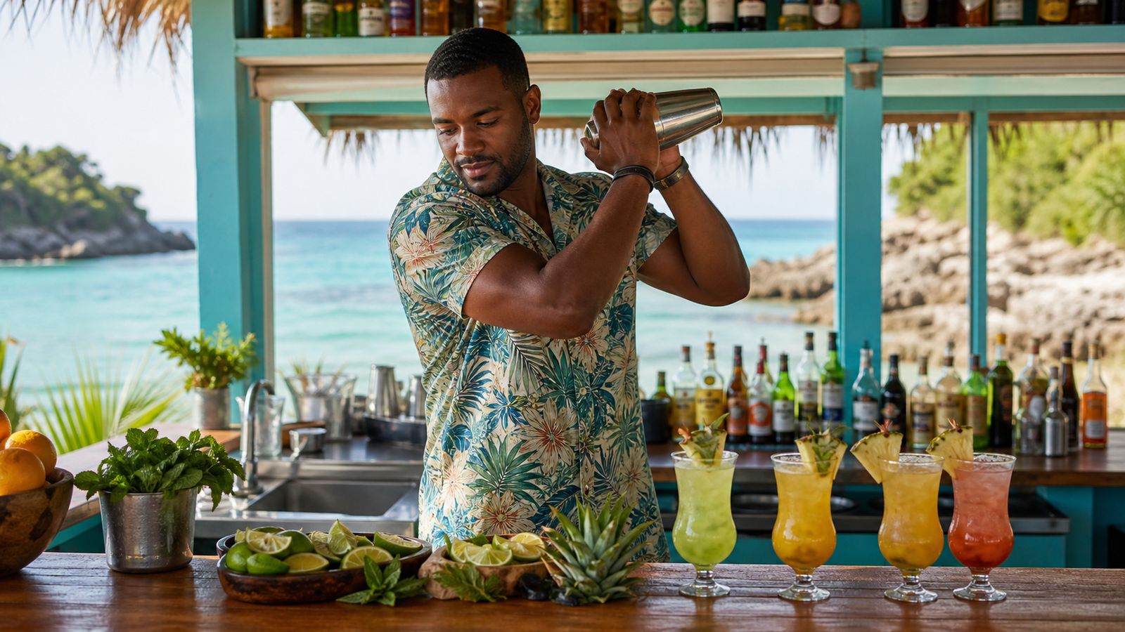 Bartender shaking a cocktail at a colorful Florida beach bar surrounded by fresh citrus and tropical garnishes