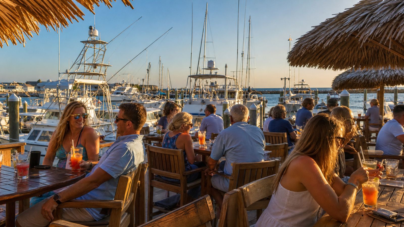 Outdoor waterfront bar at Destin Harbor with boats docked behind patrons enjoying tropical cocktails