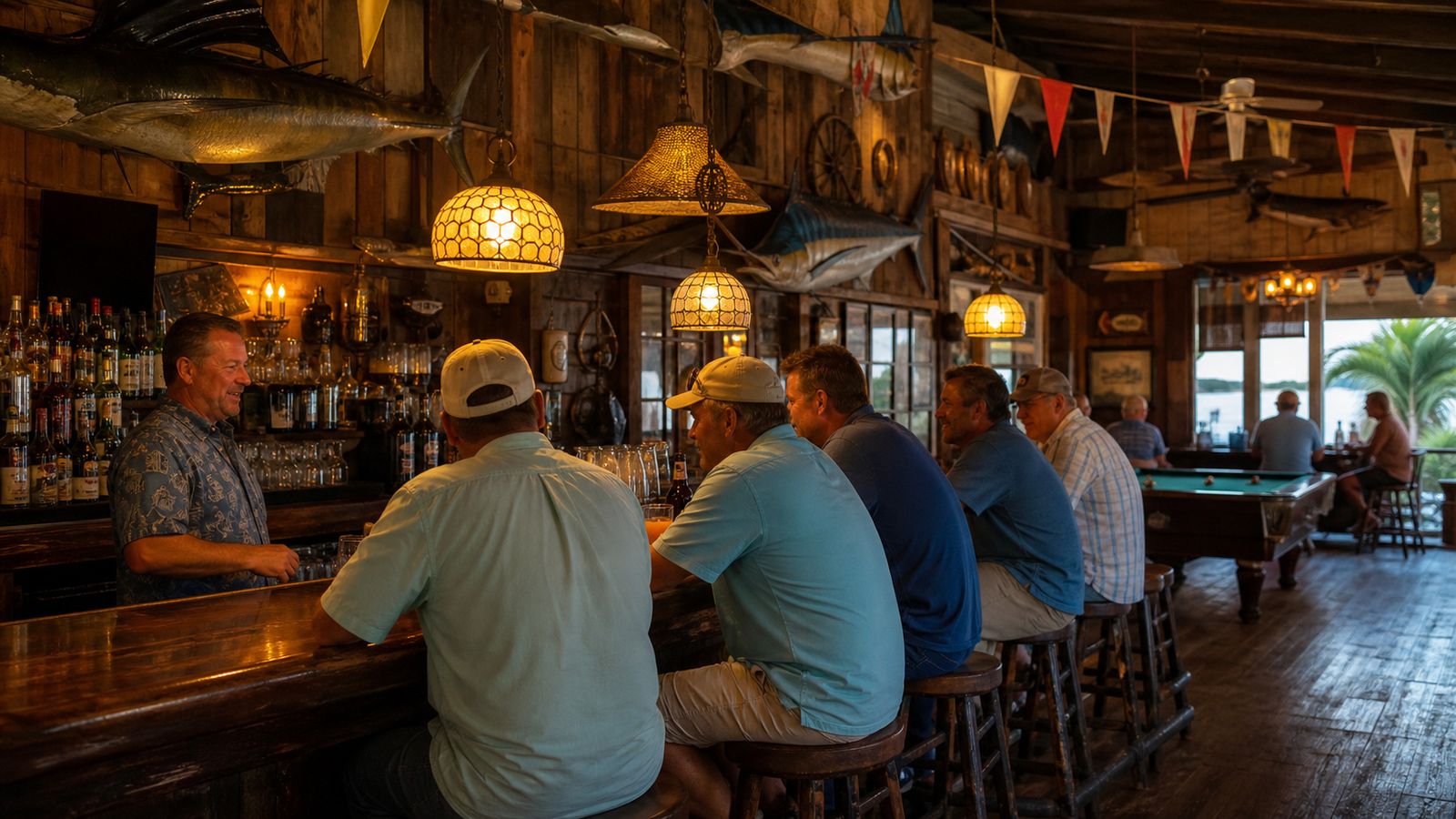 Interior of a cozy local dive bar in Destin with fishing memorabilia and regulars chatting at the bar