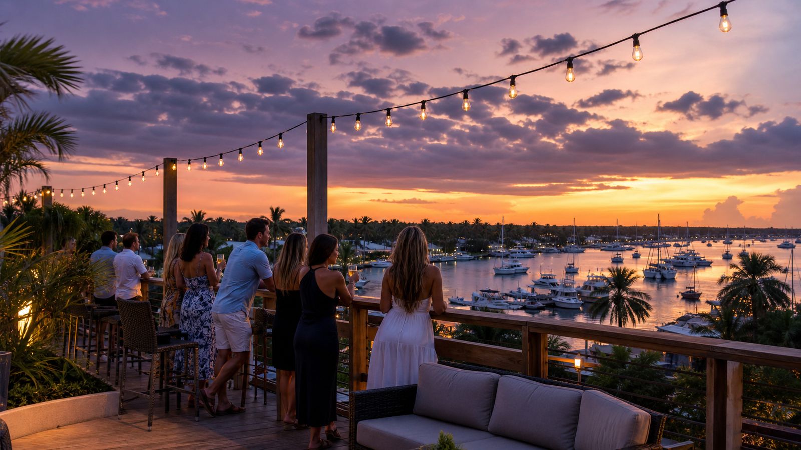 Outdoor rooftop deck bar overlooking Destin Bay at dusk with string lights and marina view