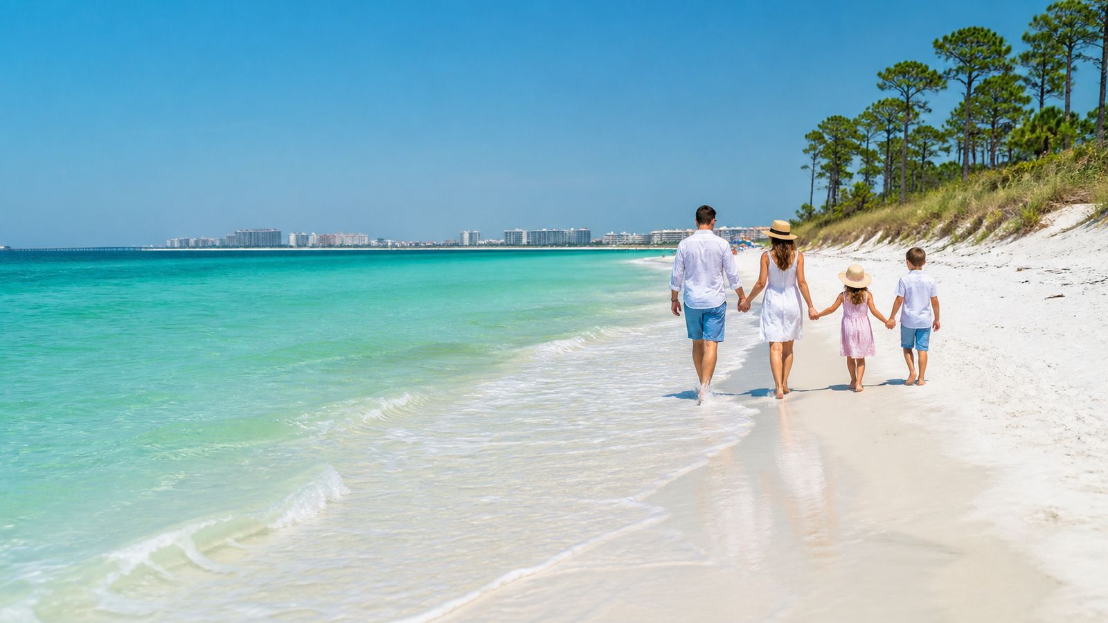 Natural Florida state park beach with white sand, coastal dunes, pine trees, and a family walking at the water's edge in emerald water