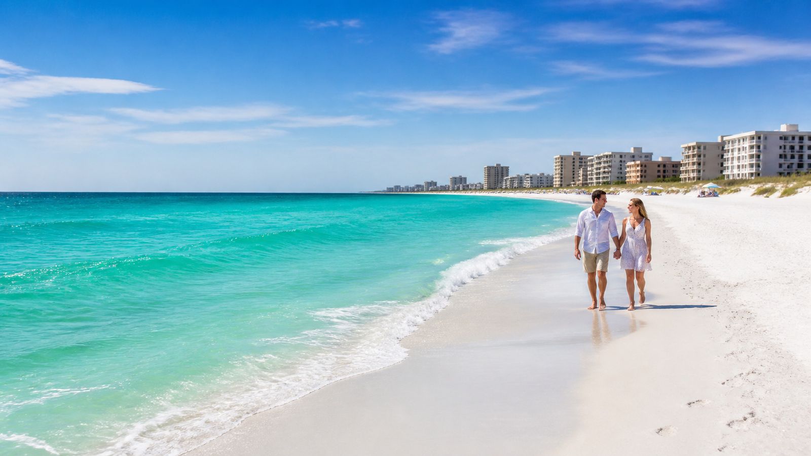 Quiet Miramar Beach Florida shoreline with white sand and emerald water, a couple walking near the surf with condos visible in the distance