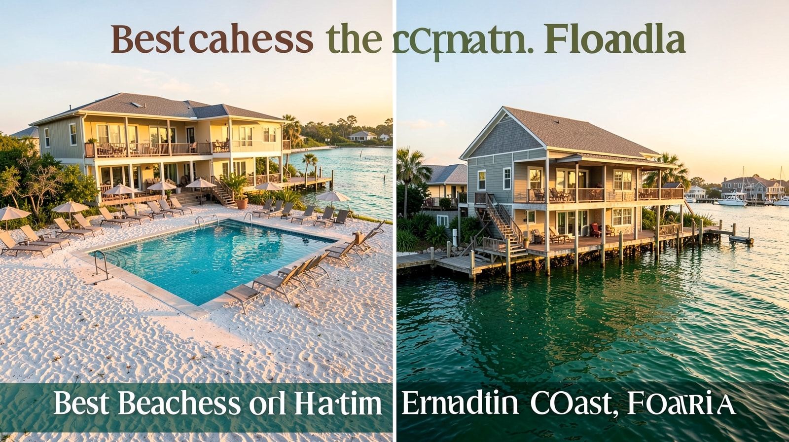 Side-by-side view of a Miramar Beach pool vacation rental home and a Destin harbor-area vacation rental in warm evening light