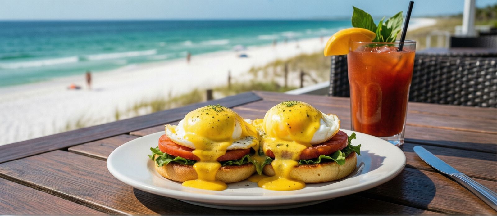 Eggs benedict with golden hollandaise sauce alongside a garnished bloody mary on a sunny Florida restaurant patio, weekend brunch in Destin