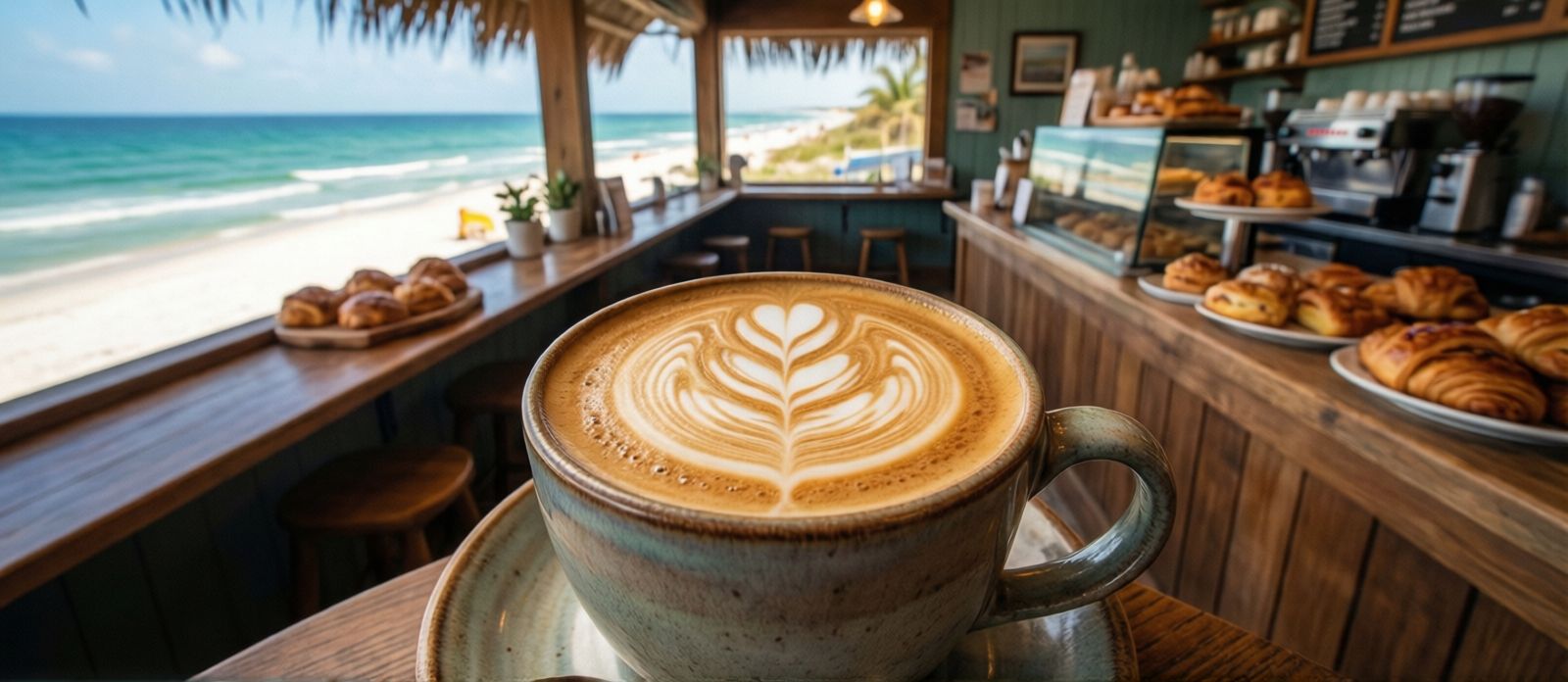 Artisan latte with foam art in a ceramic mug at a cozy local coffee shop near the beach in Destin Florida, pastries on a wooden counter, warm morning light