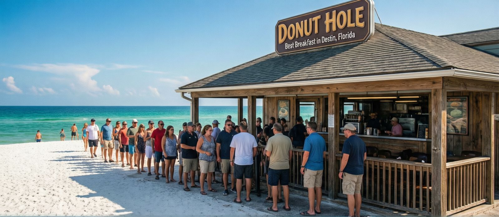 Exterior of the Donut Hole, Destin's beloved roadside breakfast diner on US-98, with customers lining up on a bright Florida morning