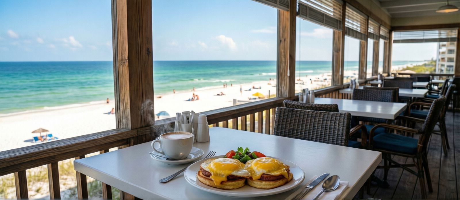 Bright airy waterfront cafe in Destin Florida with Gulf of Mexico views, morning coffee and eggs benedict on a white table overlooking white sand beach