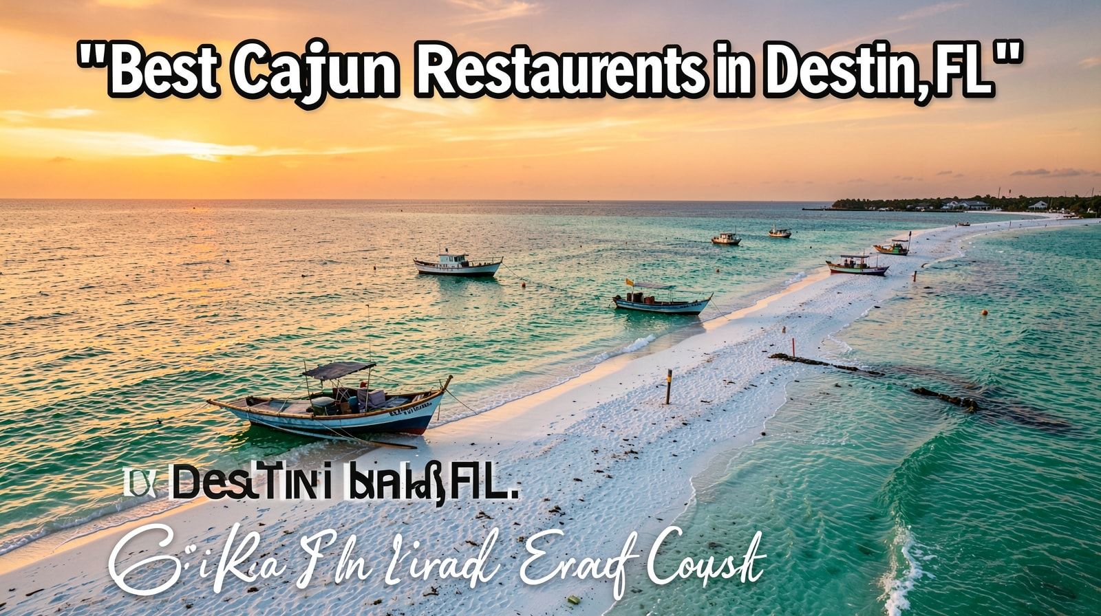 Emerald Gulf of Mexico coastline from the Florida Panhandle at sunset with shrimp boats in the water, white sand beach stretching west toward Louisiana