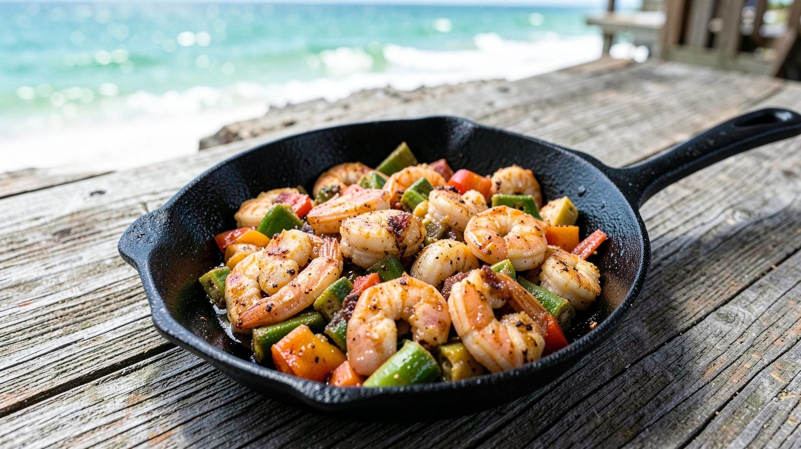 Wild Gulf shrimp and andouille sausage sizzling in cast iron skillet with Cajun garlic butter, okra, and bell peppers, photographed from above on outdoor weathered wood table