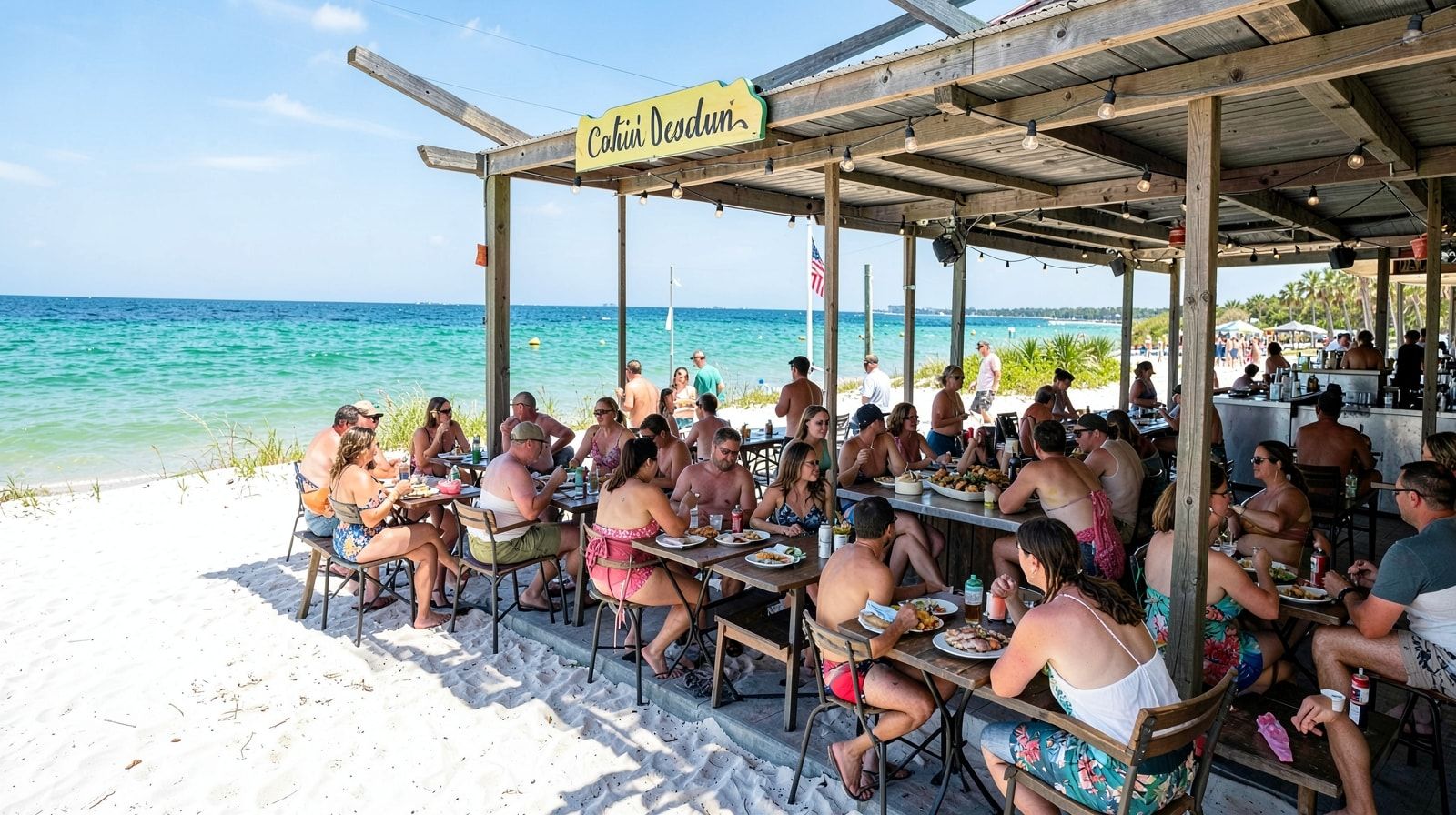 Casual open-air beachside bar and grill in Miramar Beach Florida with emerald Gulf water visible beyond dunes, patrons in swimwear eating seafood on covered patio in summer sunshine