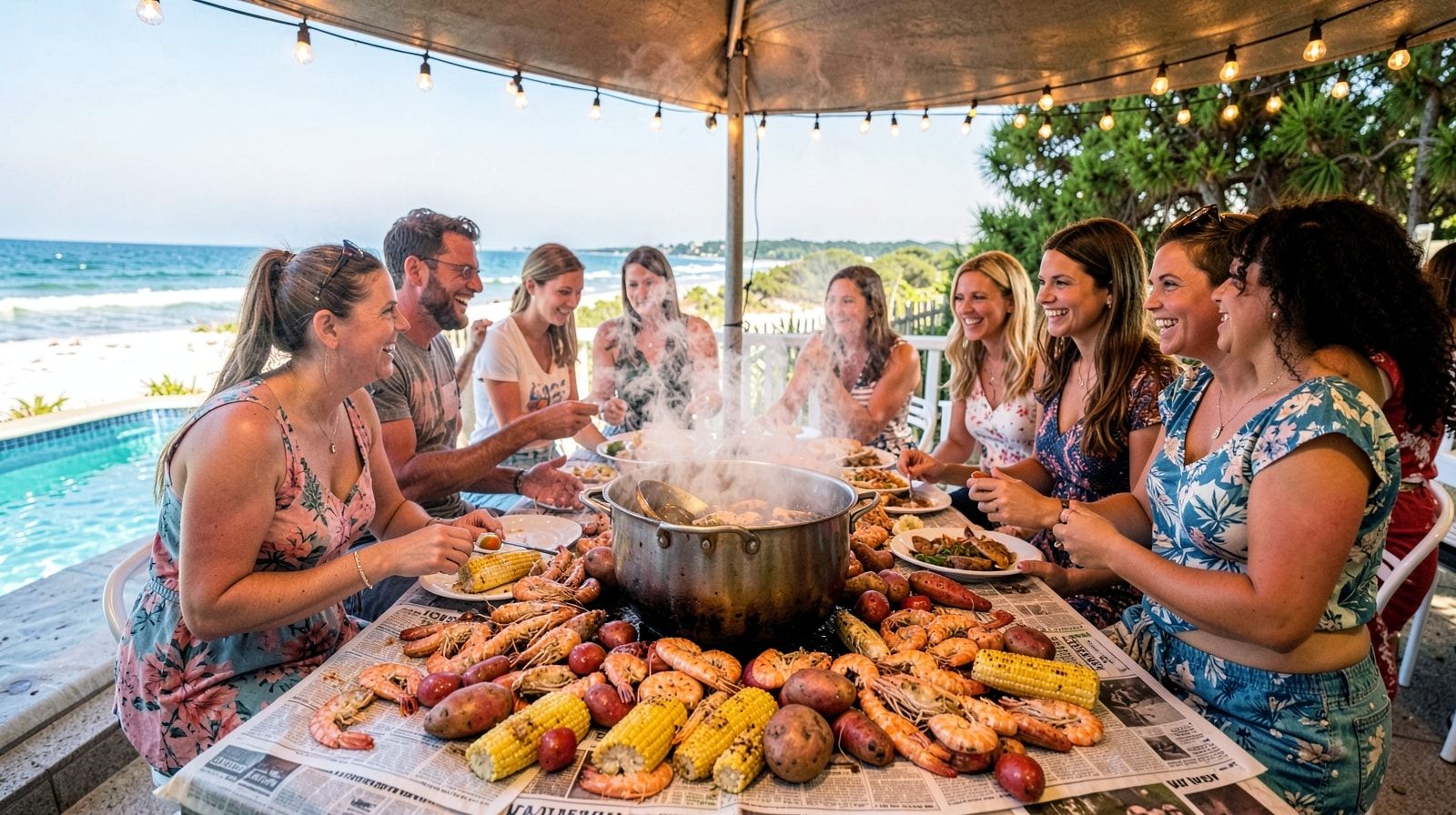 Backyard Cajun seafood boil at a Destin Florida vacation rental, steaming pot being poured onto newspaper-covered table with Gulf shrimp, crab legs, corn, and red potatoes, friends gathered in summer clothes under string lights with pool in background
