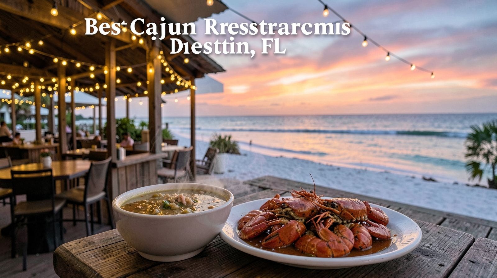 Bayfront restaurant in Destin Florida at dusk under string lights with steaming gumbo and crawfish platter on table, Choctawhatchee Bay at sunset in background