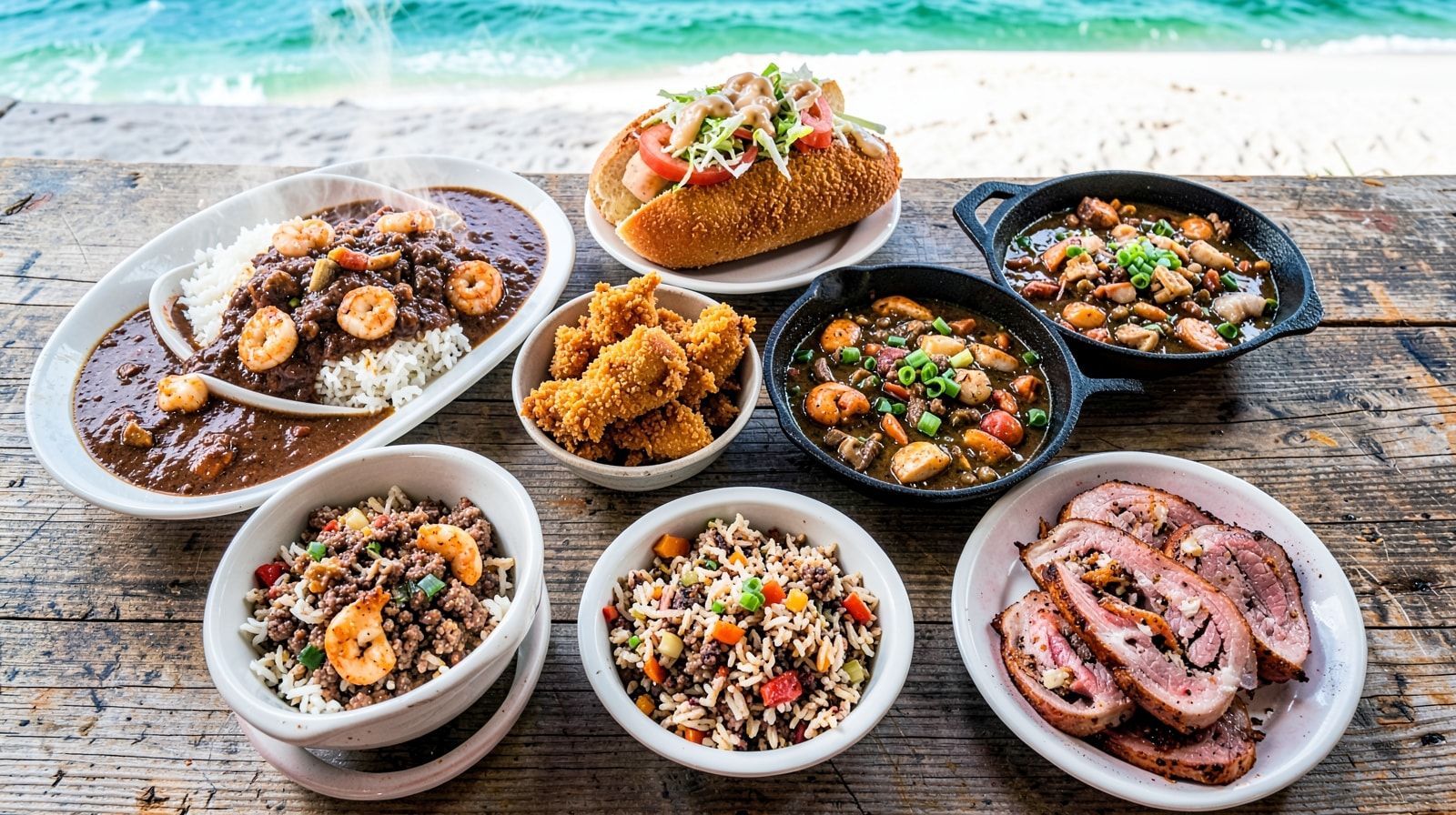 Overhead spread of Cajun dishes on a rustic wood table including shrimp étouffée over rice, fried oyster po'boy, dark seafood gumbo, dirty rice, and sliced boudin