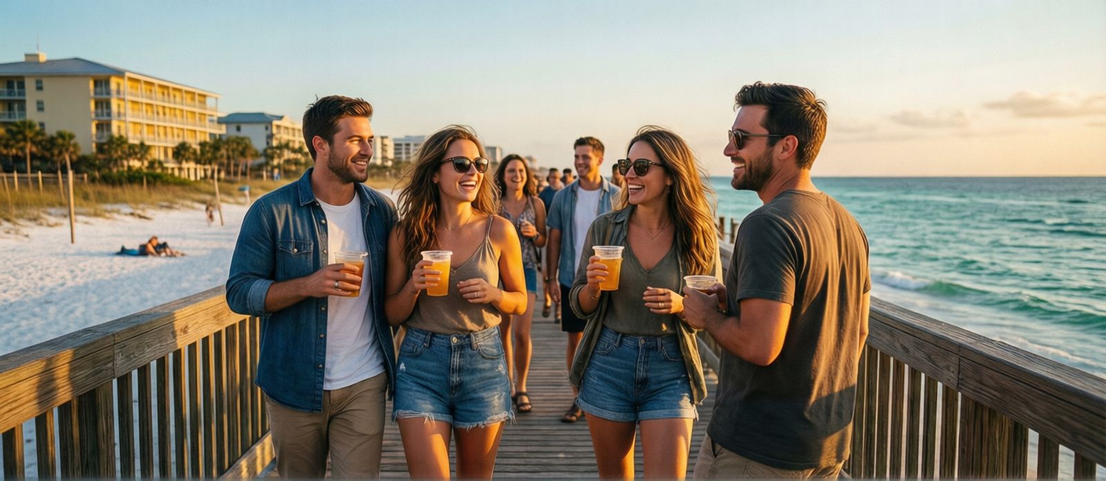 Group of friends walking along Destin Harbor Boardwalk at golden hour, holding drinks and enjoying the waterfront scene
