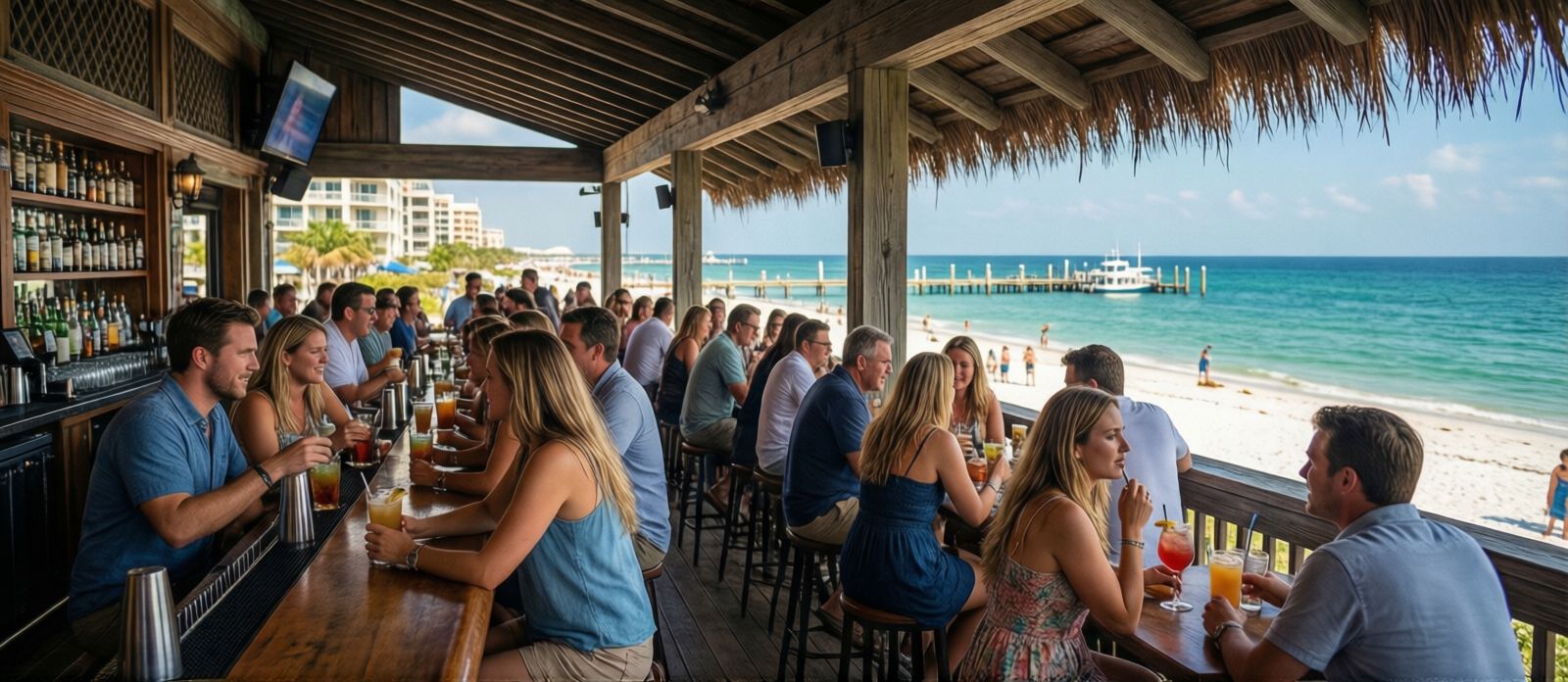 Outdoor bar at HarborWalk Village in Destin Florida during happy hour, waterfront crowd enjoying cocktails with harbor views