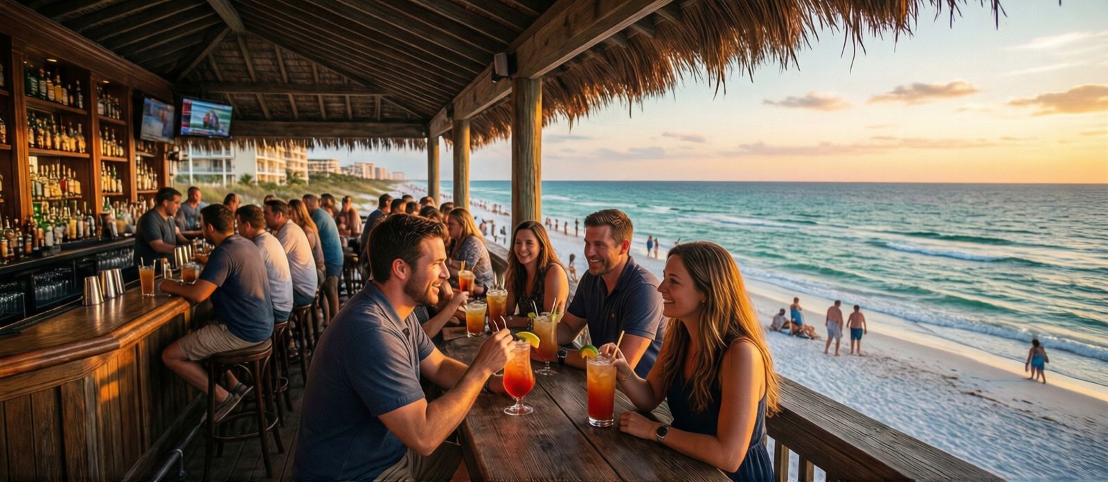 Waterfront bar in Miramar Beach Florida at sunset, people enjoying happy hour cocktails with Gulf views