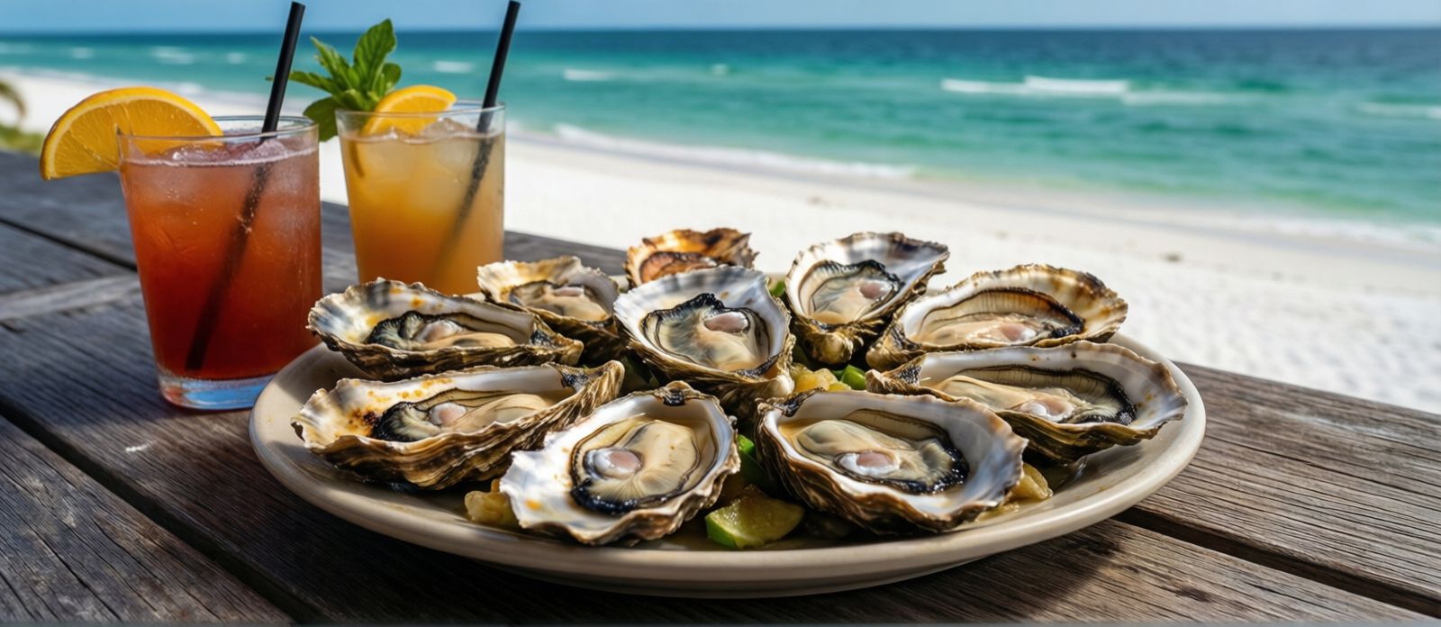Fresh chargrilled oysters served on a platter with cocktails at a Destin Florida waterfront bar during happy hour