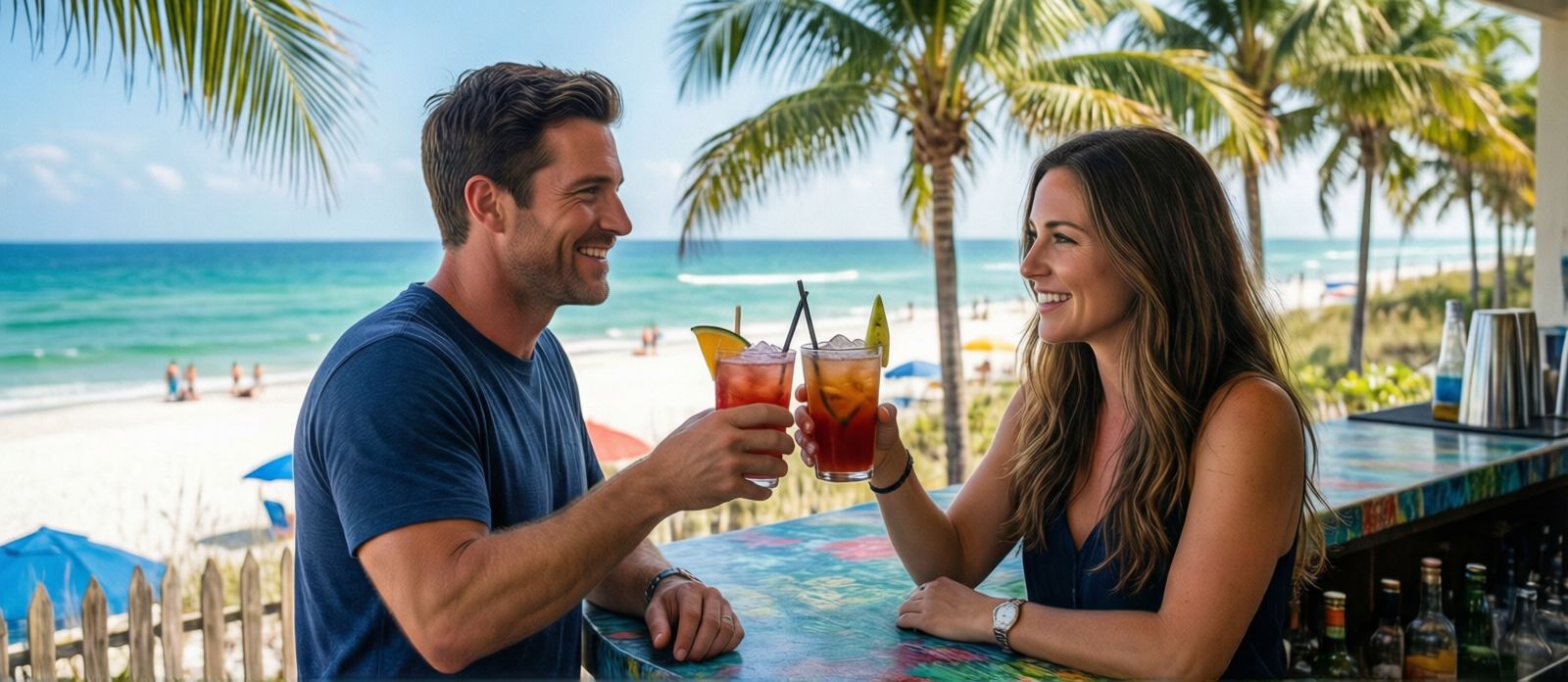 Two people toasting with frozen cocktails at a colorful outdoor beach bar in Destin Florida, palm trees in the background