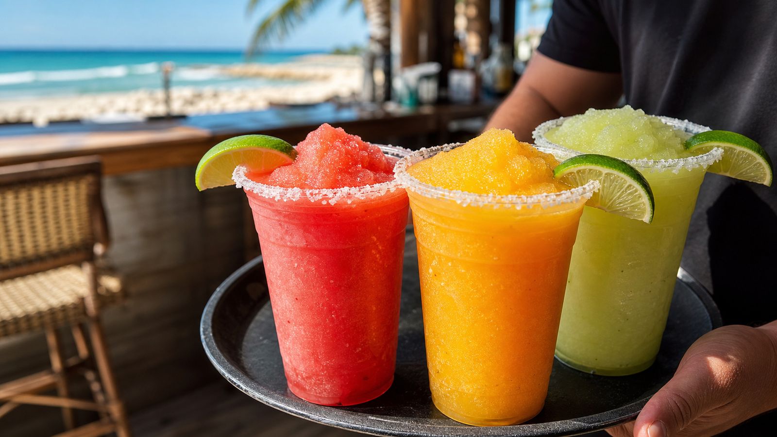 Bartender serving a tray of colorful frozen margaritas in strawberry, mango, and lime flavors with salt rims at a Destin beach bar