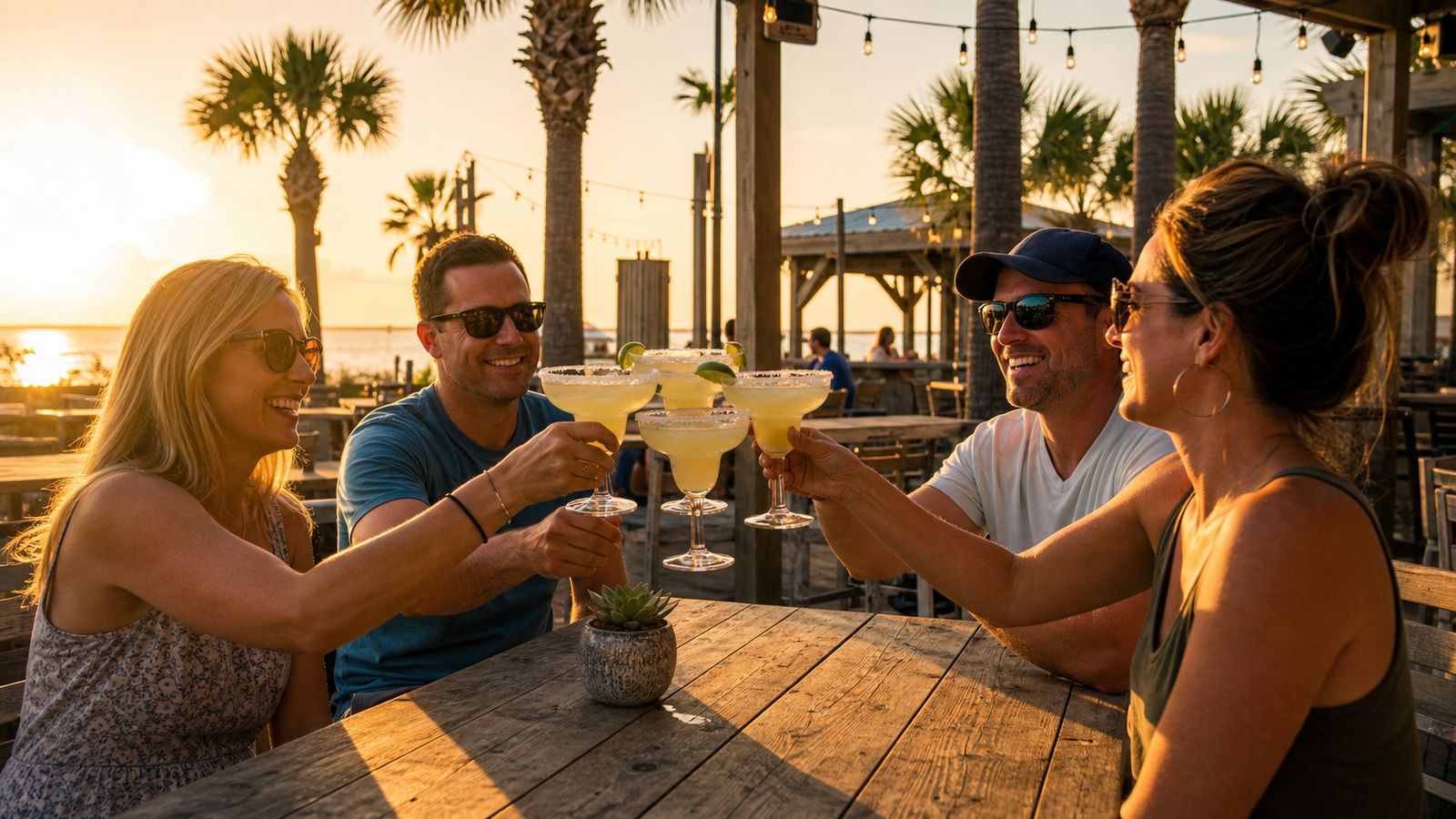 Group of people toasting margaritas at a golden-hour happy hour at an outdoor patio bar in Destin Florida with palm trees in the background