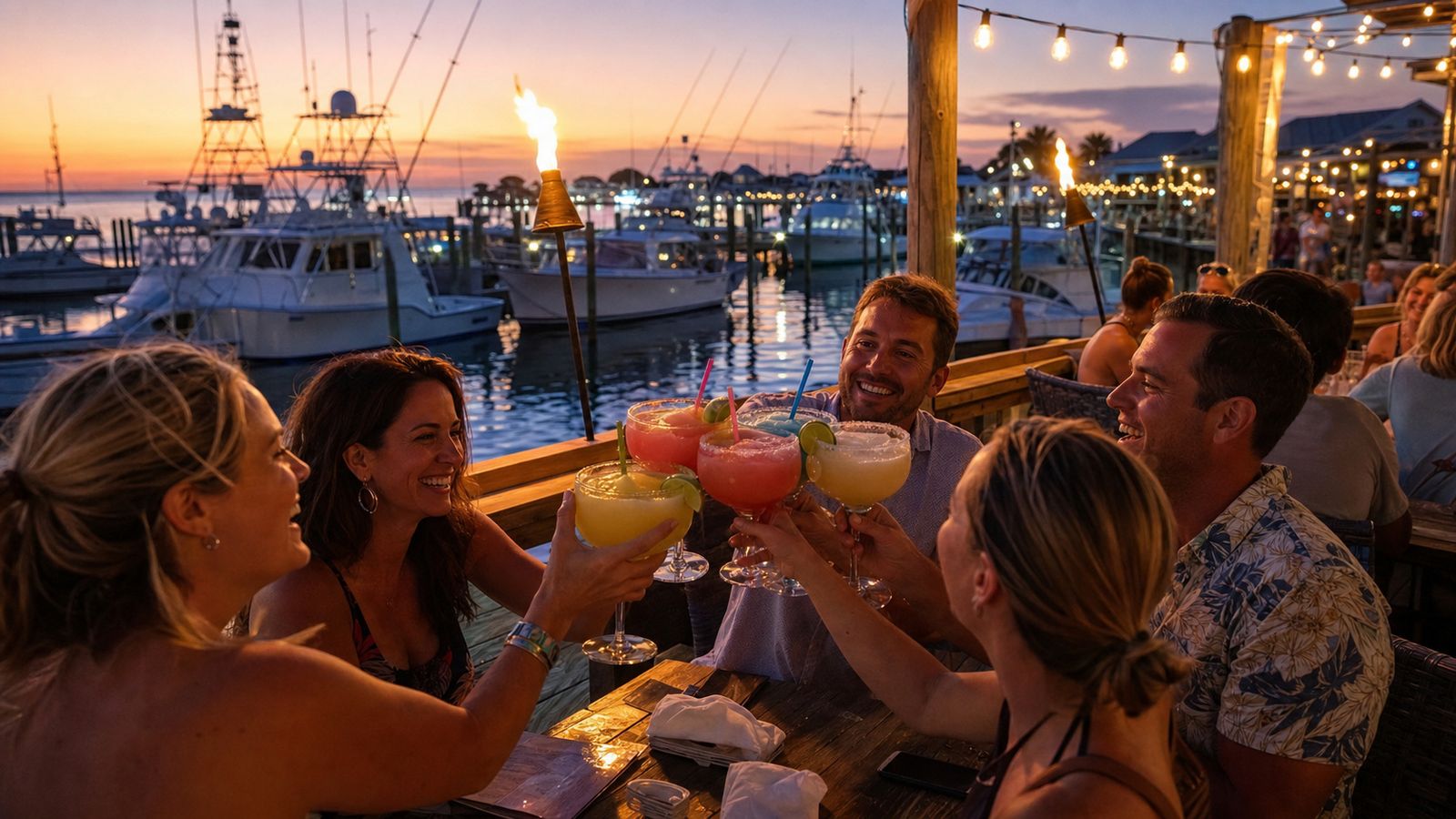 Friends toasting with frozen margaritas at an outdoor waterfront bar at Destin Harbor with charter boats and string lights behind them