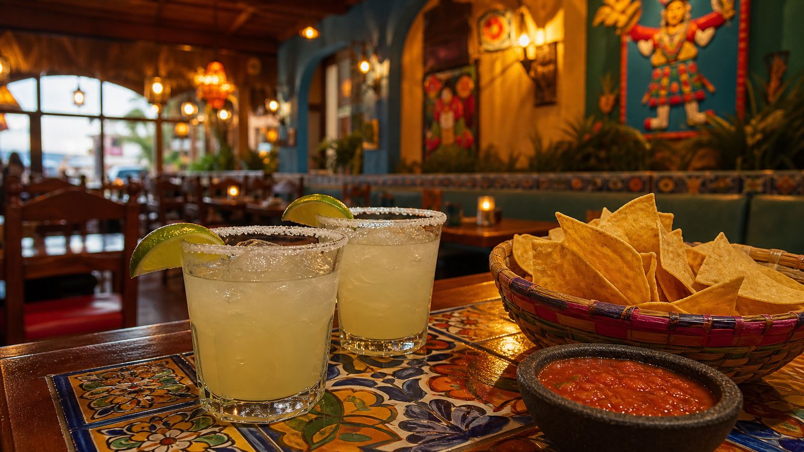 Classic on-the-rocks margaritas with salt rims and lime wedges next to chips and salsa at a colorful Mexican restaurant in Destin Florida