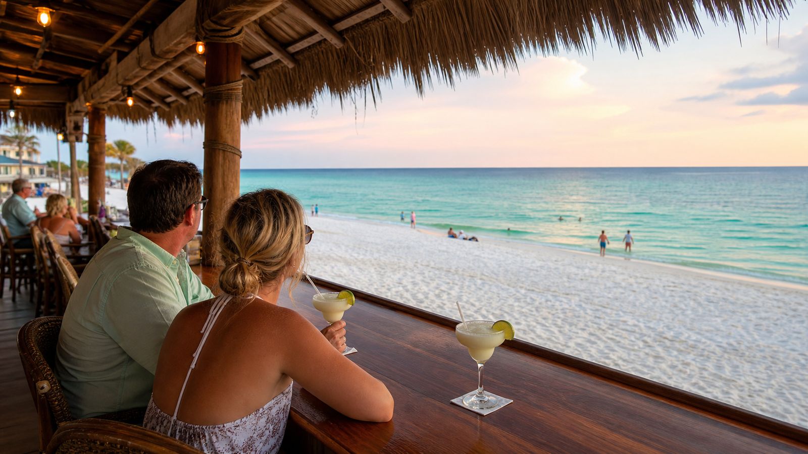 Couple sipping frozen margaritas at a Gulf-front tiki bar at Miramar Beach Florida with the emerald Gulf of Mexico in the background