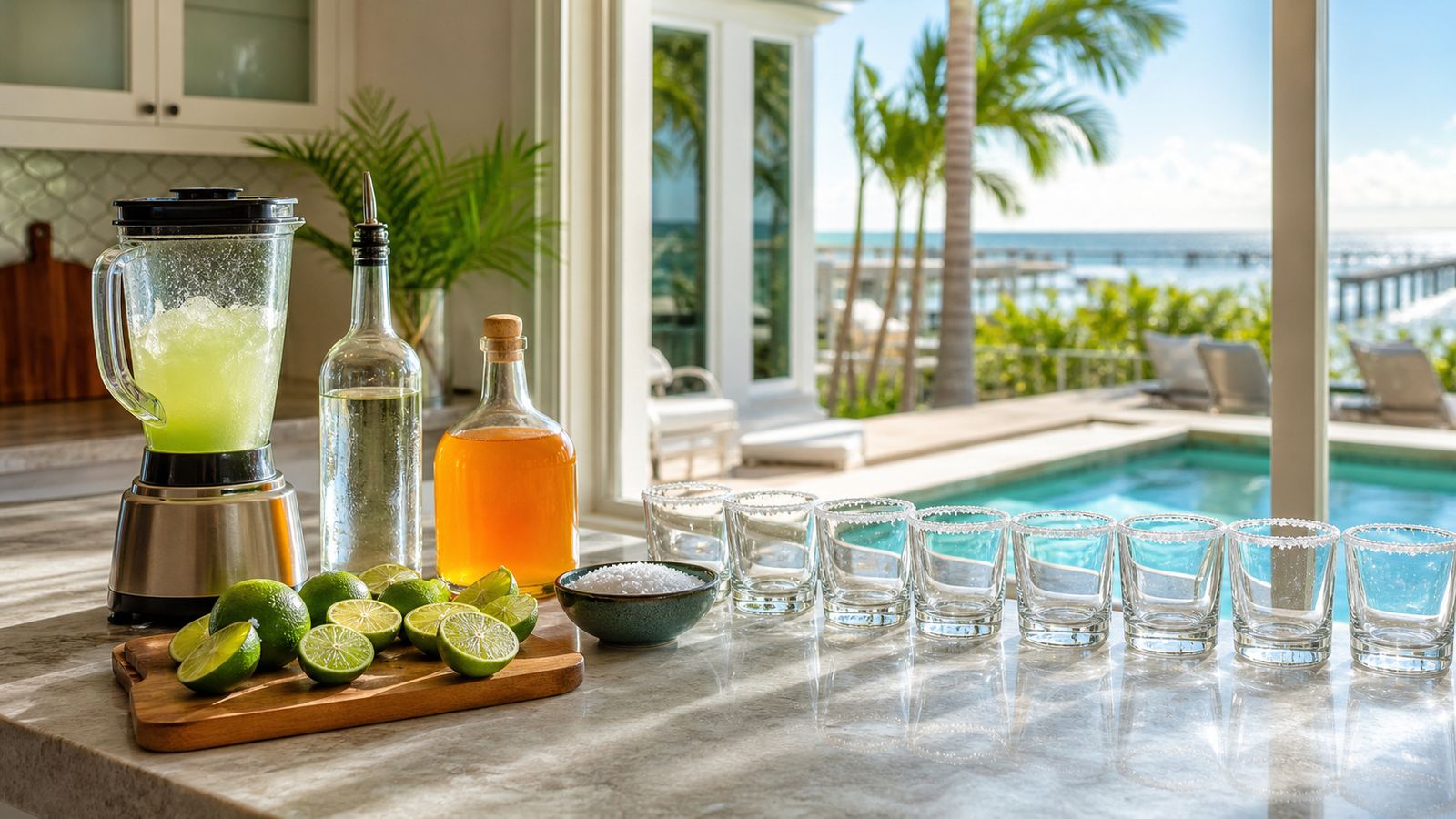Vacation rental kitchen counter in Florida set up for margarita mixing with a blender, tequila, fresh limes, salt, and rimmed glasses ready for a group