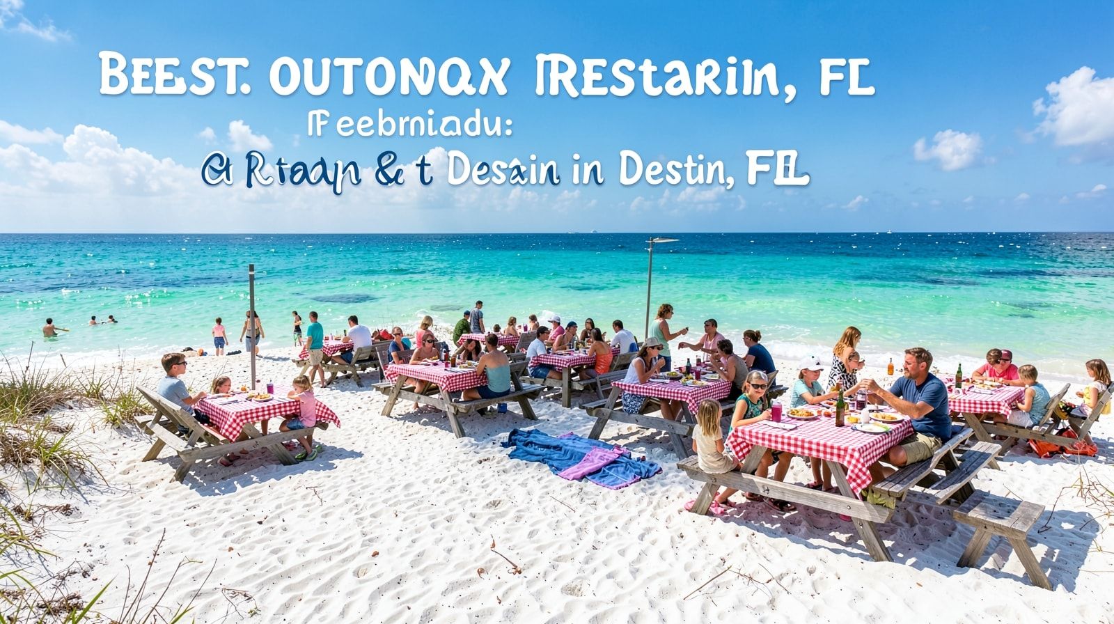 Casual open-air beachside grill in Destin Florida with picnic tables and families dining