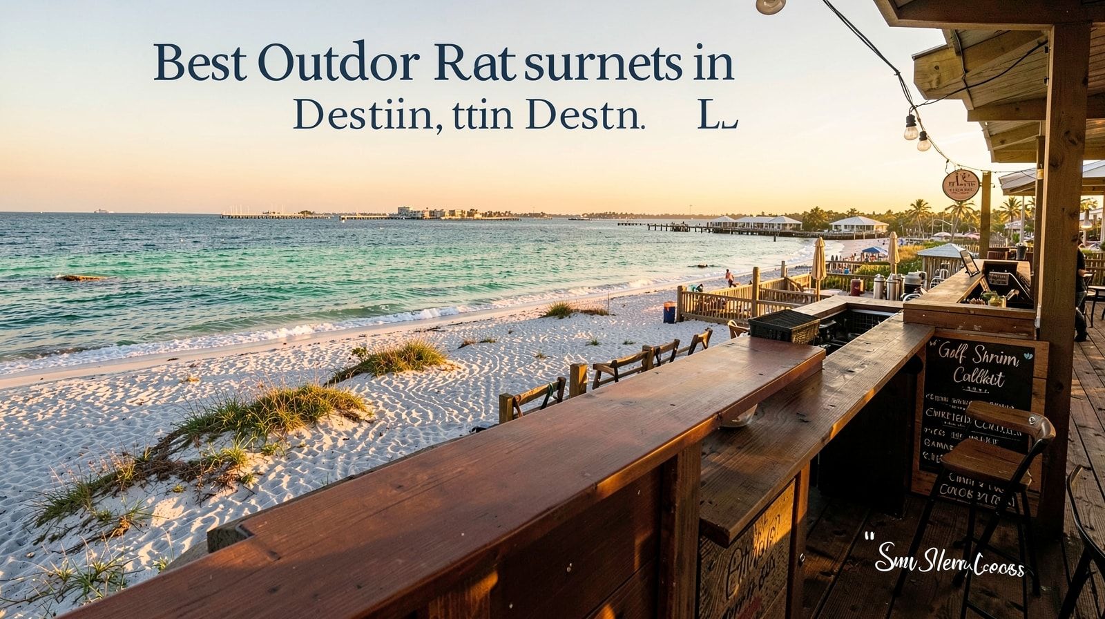 Elevated outdoor bar terrace in Destin Florida with panoramic Gulf and harbor views at sunset