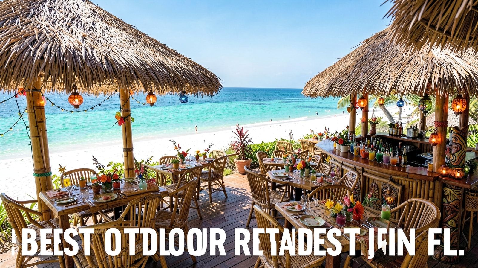 Outdoor tiki-style restaurant patio in Miramar Beach Florida with Gulf views