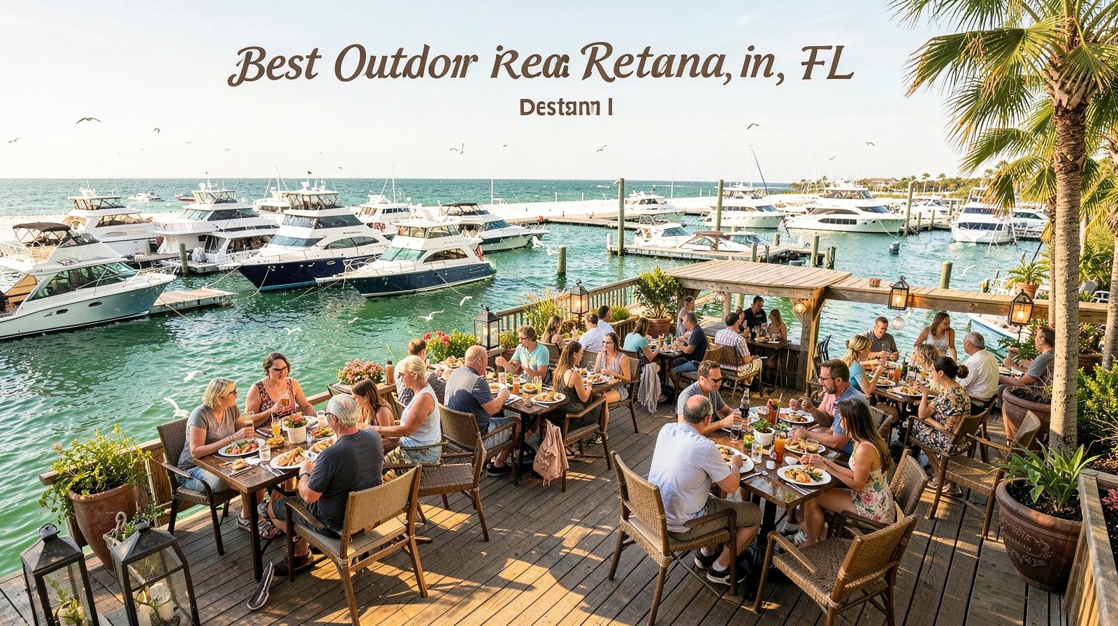 Outdoor deck restaurant on Destin Harbor with charter boats docked and diners enjoying fresh seafood