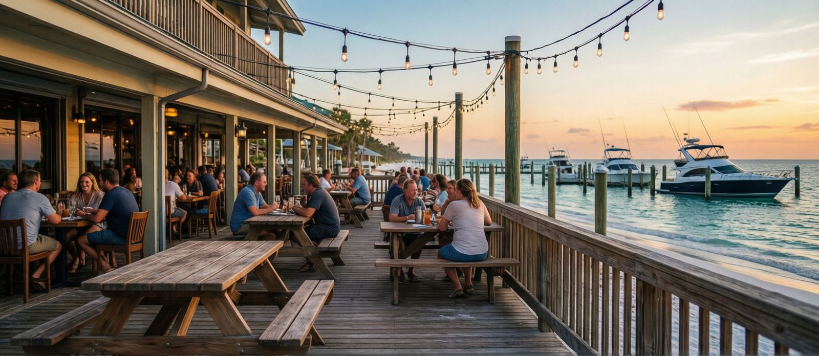 Casual outdoor waterfront seafood restaurant on Destin Harbor at sunset with string lights, picnic tables, and charter boats in the background