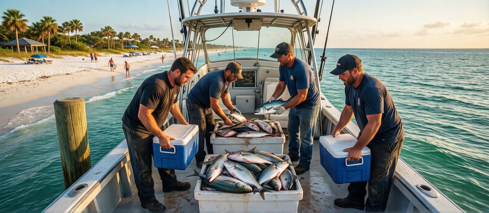 Charter fishing boats unloading the day's catch at Destin Harbor with deckhands carrying coolers of fresh gulf fish in the afternoon sun