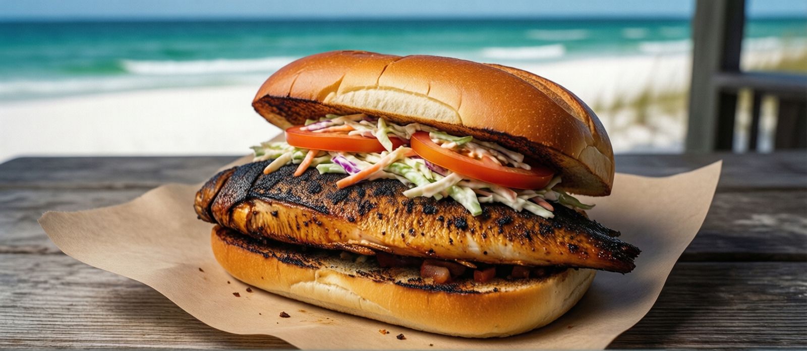 Classic blackened grouper sandwich on a toasted hoagie roll with coleslaw and tomato, served on parchment at a casual Destin seafood shack