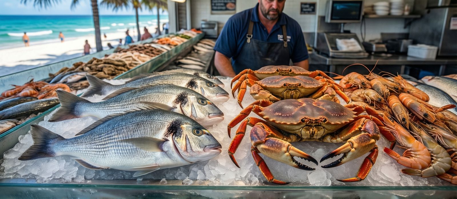 Fresh whole Gulf snapper, shrimp, and stone crab claws on ice at a Destin Florida seafood market counter with a fishmonger behind the display case