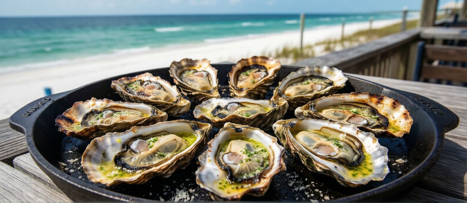 Dozen chargrilled Gulf oysters sizzling on the half shell with garlic butter and parmesan, served on a cast iron tray at a Destin waterfront restaurant