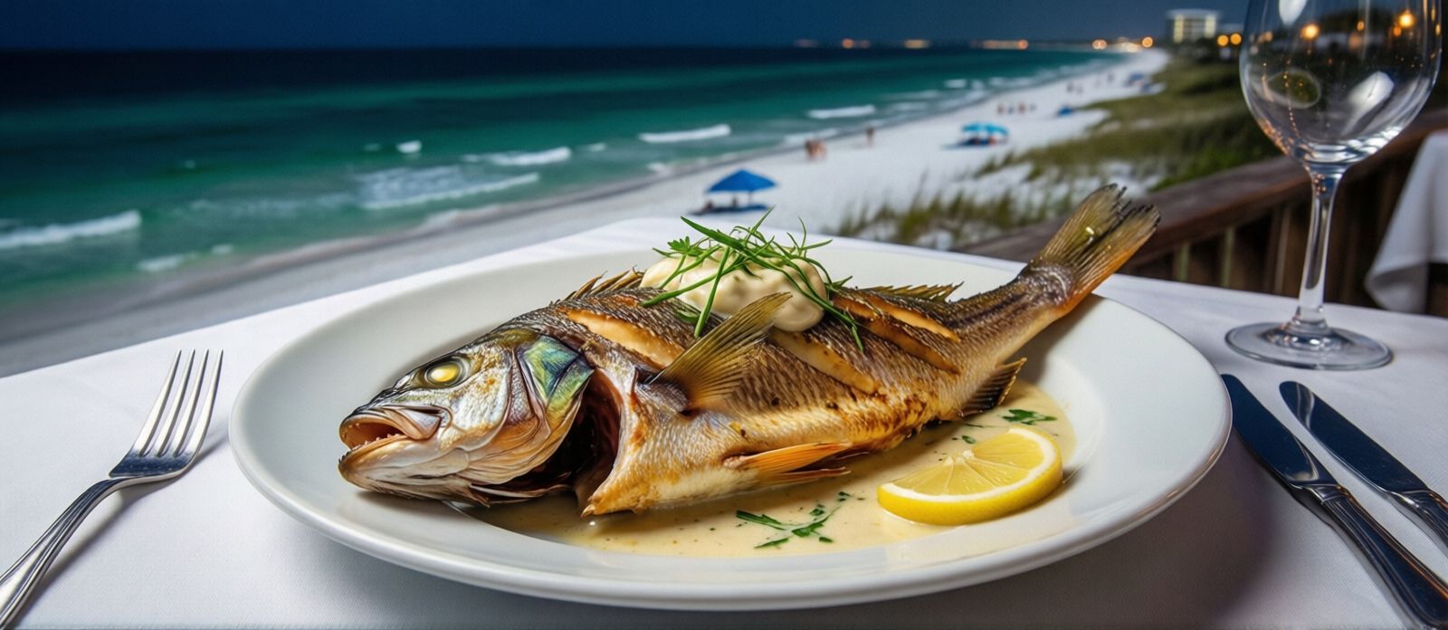 Elegant plated pan-seared Gulf snapper with lemon beurre blanc on a white tablecloth at an upscale Destin waterfront restaurant at night